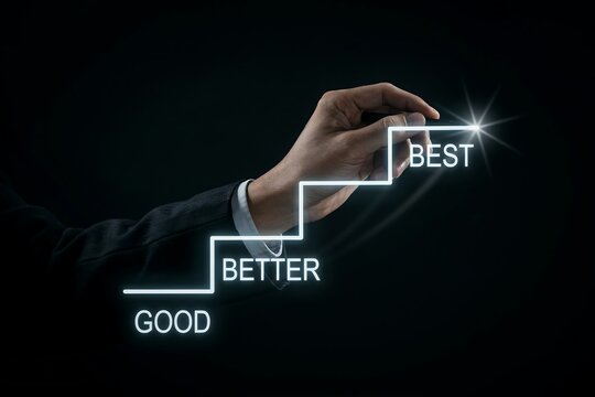 Businessman hand touching a glowing chart showing the progress from good to better to best level