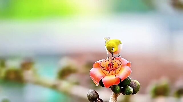 Japanese White‑eye Feeding on Pollen and Nectar from Bright Kapok Blossom