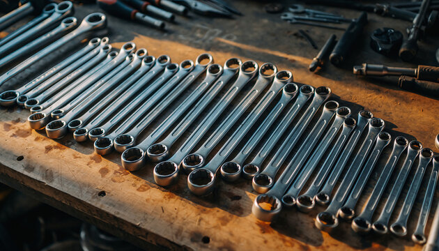 Rows of chrome combination wrenches arranged by size on worn wooden workbench in mechanic workshop with warm directional light