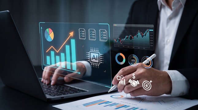 ai powered business analytics. growth chart with artificial intelligence processor icon. automated report verification. businessman using laptop with sales performance data.

