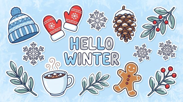 Hello Winter graphic design elements collection featuring blue hat, red mittens, snowflakes, pinecone, berries, holly, and gingerbread man character vector illustration