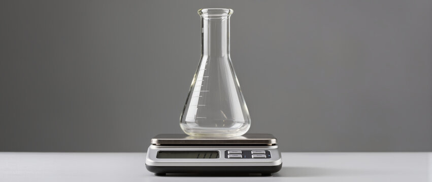 Pharmaceutical laboratory flask on digital scale with clear glass and gray background