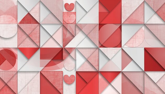 Abstract geometric red white and pink mosaic tile pattern with triangles circles and hearts on Valentine romantic background