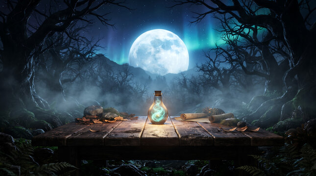 Mystical fantasy still life with glowing potion bottle on wooden table beneath full moon in haunted forest