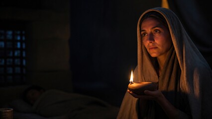Fototapeta premium Woman in headscarf holding oil lamp praying at night in ancient biblical house. Faith and trust in God, divine protection and refuge concept. Psalm 90 theme, prayer, hope and spiritual devotion.