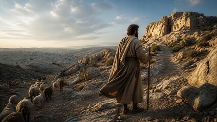 Fototapeta premium Shepherd with staff leading flock of sheep on rocky hill in ancient Judea at sunset. Biblical scene of Gods protection and refuge from Psalm