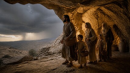 Fototapeta premium Biblical family with man woman and children standing in cave refuge under almighty protection. God shelter and faith concept from Psalm