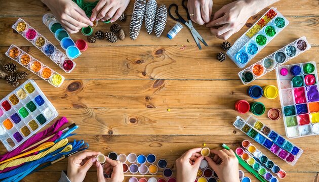 Overhead view of colorful craft supplies glitter paints pine cones and ribbon on rustic wooden table with multiple hands working