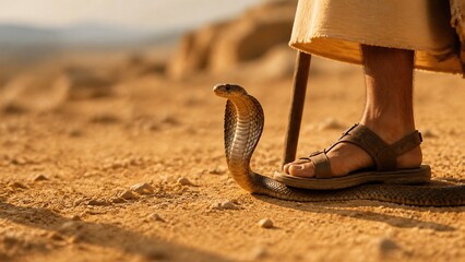 Fototapeta premium Man treading on cobra snake in desert sand. Biblical scene of divine protection from Psalm 90, treading on serpent and scorpion