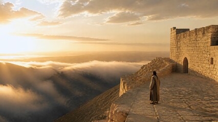Fototapeta premium Man in biblical robe standing on ancient stone fortress wall at sunrise overlooking misty mountains. Concept of faith, divine protection and refuge under the shadow of the
