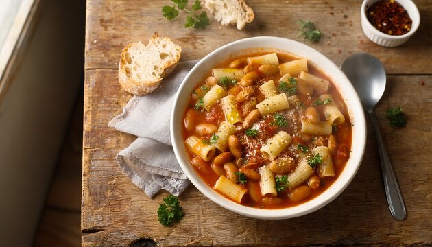 Rustic pasta e fagioli soup with rigatoni and borlotti beans in tomato broth served in white bowl on weathered wood board
