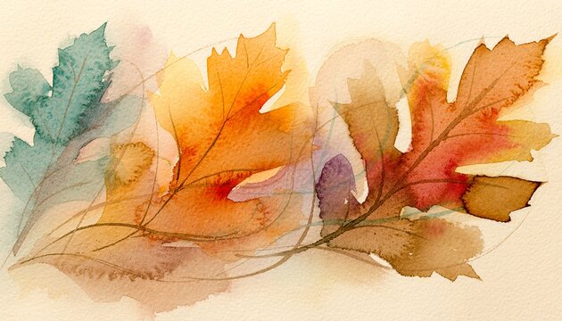 Watercolor painting of overlapping autumn oak leaves in orange burnt red teal and golden brown on cream textured paper with curving stems
