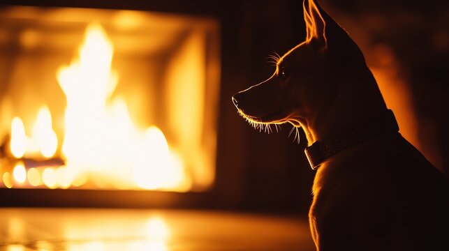 Basenji dog sitting attentively beside a lit fireplace in dim indoor lighting with Dog short fur sits quietly near warm glowing flames inside room silhouette stillness with interior