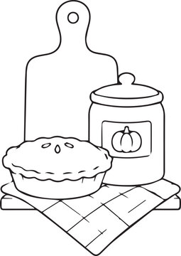 Cozy fall baking scene with fresh baked pumpkin pie, wooden cutting board, ceramic jar, and plaid napkin. Black and white vector line art for Thanksgiving coloring books and KDP printables.