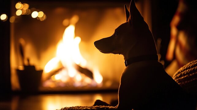 Short haired dog watching warm fireplace in dimly lit indoor setting with Dog sits attentively beside glowing fireplace soft lighting around silhouette firelight observing