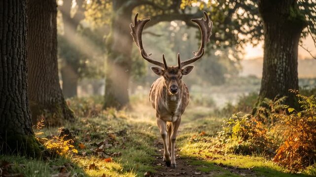 majestic fallow deer stag walking through richmond park england golden sunrise video