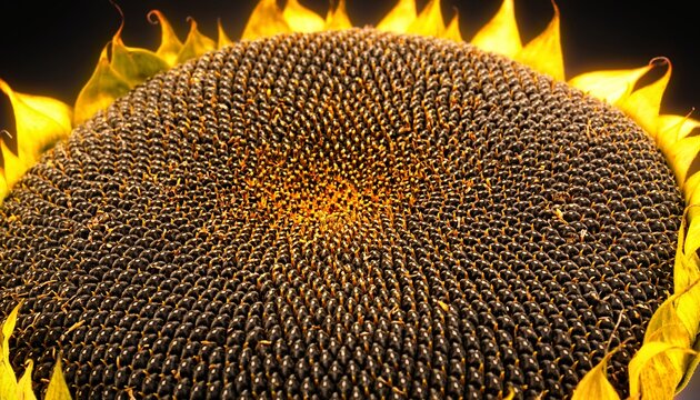 Mature sunflower seed head close-up showing dense Fibonacci spiral pattern of dark seeds with golden center and yellow petals