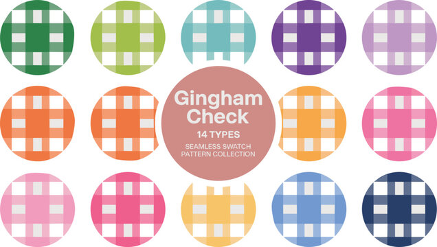 Colorful gingham check seamless pattern collection featuring fourteen types of plaid fabric swatches in circular frames