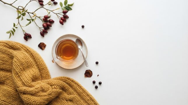 A cozy flat lay composition featuring a warm cup of tea and autumn berries for thanks giving celebration