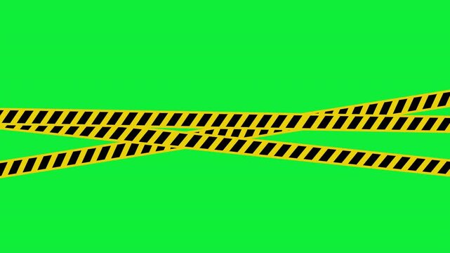 Yellow black striped caution tape crossed patterned markings vibrant green screen background area.
