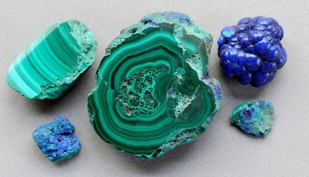 Raw malachite slices and azurite mineral specimens displaying vivid teal green banding and deep cobalt blue botryoidal formations