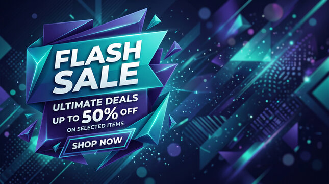 Geometric abstract shapes in teal and purple, announcing a flash sale with ultimate deals up to 50% off, representing urgency and savings for shoppers
