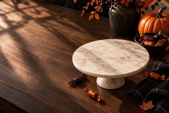 Halloween Confectionery Display with Empty Marble Cake Stand and Candies