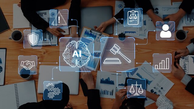 Diverse Group Collaborates on AI Implementation in Business Strategies with Charts, Graphics, and Legal Elements in a Professional Setting. Entropy.