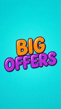 Bold, bubbly text "BIG OFFERS" in orange and purple on a teal textured background, symbolizing sales, promotions, and discounts for retail.