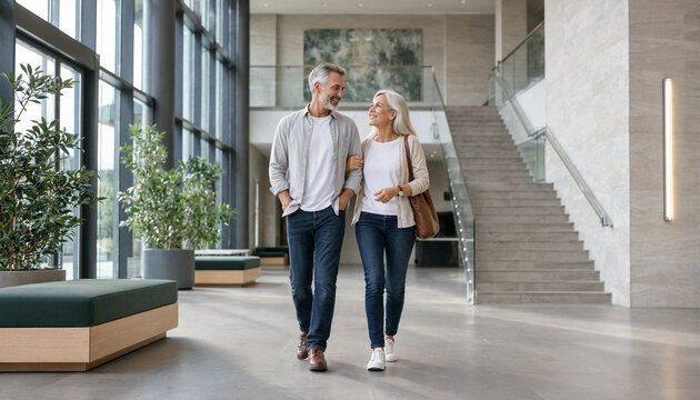 Senior couple walking arm in arm through modern hotel lobby enjoying companionship and retirement lifestyle