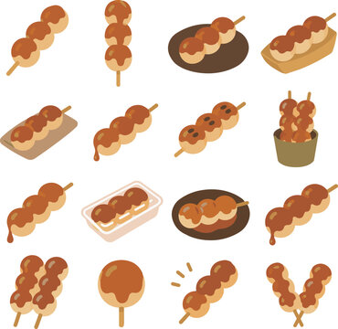Mitarashi Dango Japanese Sweet Snacks Icon Set Illustration