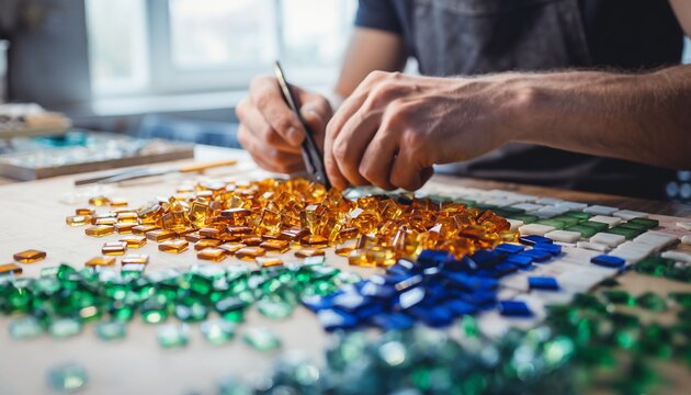 Male hands placing vibrant glass tesserae in amber, cobalt blue, and emerald green on a mosaic panel under natural window light. Ideal for craft, art, and handmade decor marketing campaigns