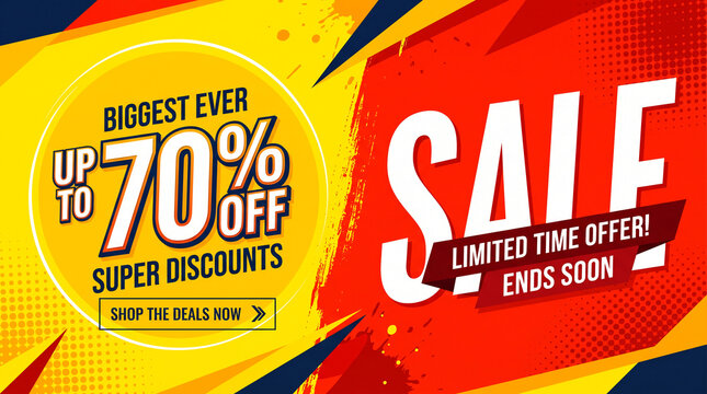 Bold sale banner with up to 70% off, emphasizing super discounts and limited-time offers, showcasing urgency and value