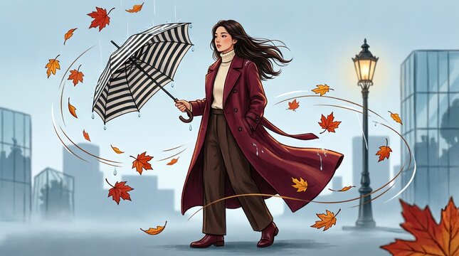 Woman with striped umbrella strolling in windy autumn city