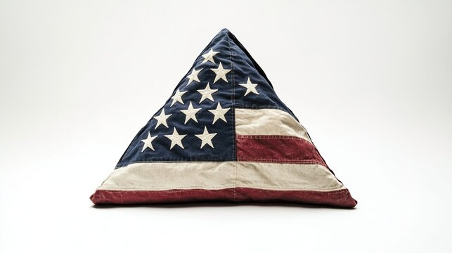 Folded triangular fabric patch resembling a national flag with star and stripe pattern on white background with fabric triangle displays old flag design star arrangement