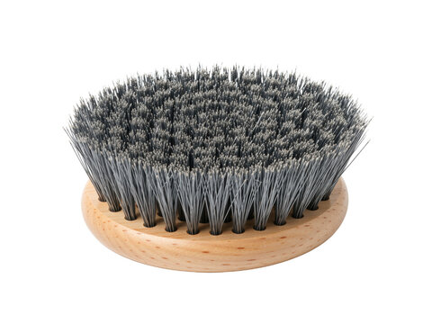 Round wire scrubbing brush with a wooden back, isolated on transparent background