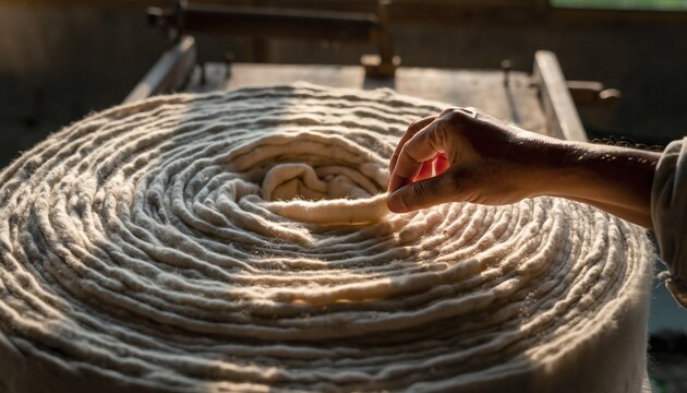 Artisan Hand Pulling Strand from Large Spiral Coiled Raw Undyed Wool Fleece Roll on Rustic Wooden Frame in Warm Golden Backlight