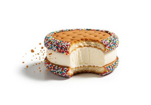Half-eaten donut with colorful sprinkles and cream filling isolated on white background