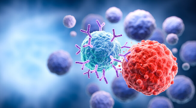 CAR T-cell therapy 3D illustration. Genetically engineered T-cells targeting and destroying cancer cells in a microscopic medical concept.