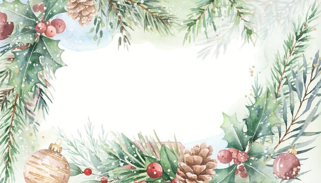 Watercolor Christmas border frame with snow-dusted pine branches holly berries red pinecones gold ornaments and white copyspace