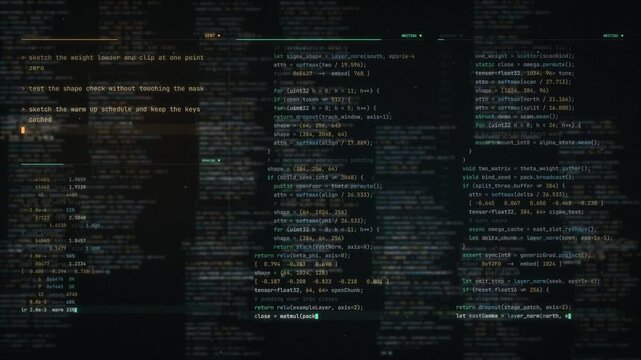 Dark coding interface with AI prompt column and streaming source code across four panels