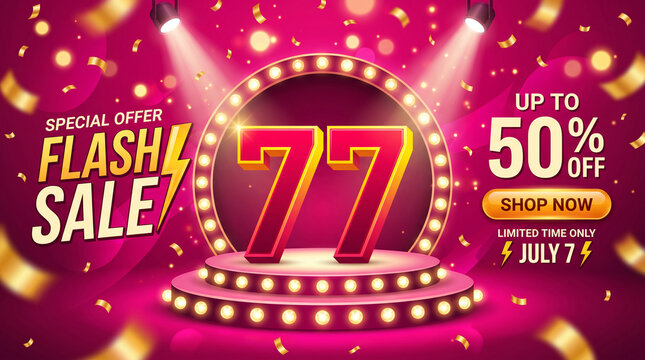 Spotlighted stage with number 77 and confetti, advertising a flash sale with 50% off, symbolizing a grand promotion and limited-time offer