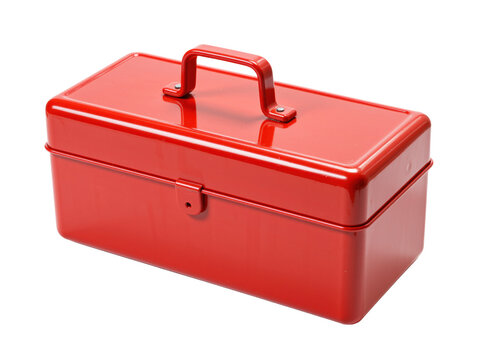 Red steel tool box with a hinged lid and carry handle, isolated on transparent background