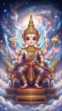 Divine multi armed deity with golden crown holding sacred weapons sits majestically upon an ornate throne featuring two baby elephants beneath a glowing cosmic galaxy nebula background