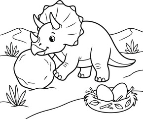 Obraz premium Cute cartoon triceratops dinosaur playing with a ball near a nest with eggs