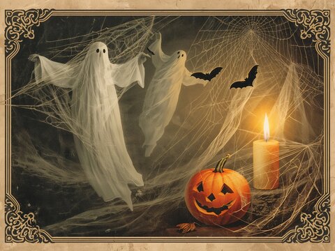 Vintage Halloween Postcards With Ghosts, a Pumpkin, Bats, and a Candle Create a Spooky Atmosphere