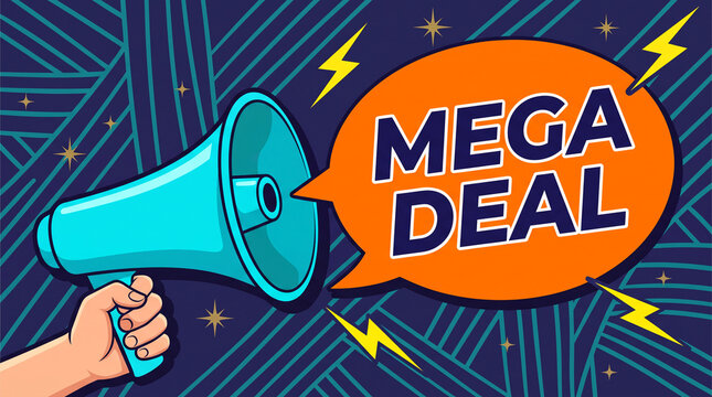 Cartoon hand holding a blue megaphone announcing a "Mega Deal" with yellow lightning bolts, symbolizing an exciting sale or announcement.