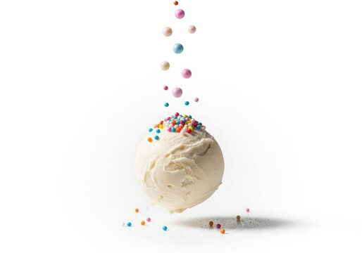Colorful sprinkles falling on creamy frosted dessert isolated on white background