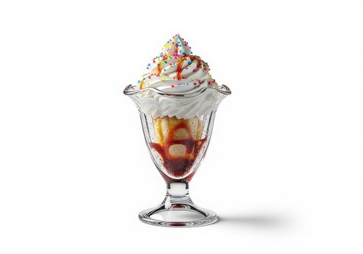 Delicious ice cream dessert in a glass cup with colorful topping isolated on white background