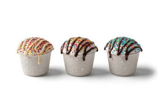 Three ice cream cups with colorful sprinkles and chocolate drizzle isolated on white background